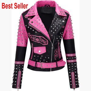 Faux Leather Moto Jacket with Studded Rivet and Belted Design